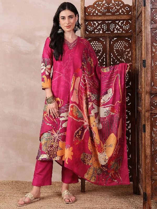 Pink Silk Blend Floral Printed Straight Kurta Trouser With Dupatta Trousers Denim Distressed