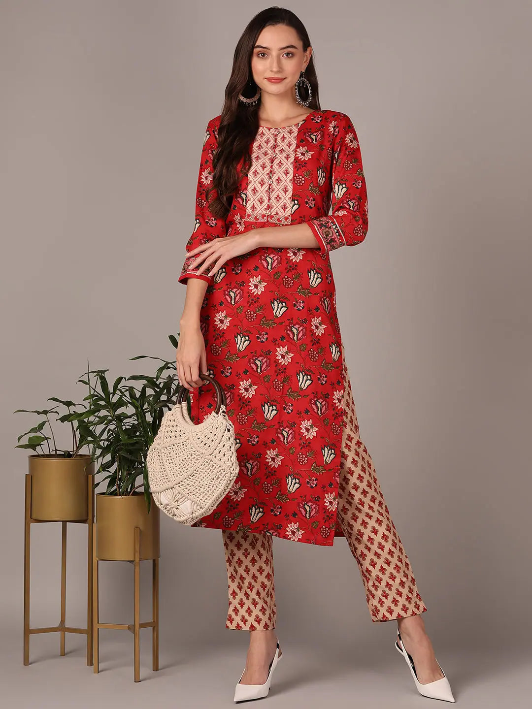 Ahika Women Red Cotton Blend Floral Printed Straight Kurta With Trouser Trousers luxurious high-end