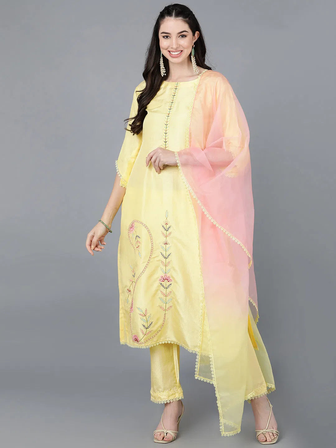 Ahika Women Yellow Poly Silk Embroidered Kurta Trousers With Dupatta 2 Trousers Prom Sequined