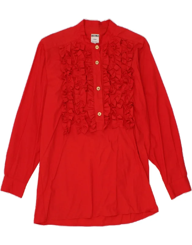MOSCHINO Womens Longline Ruffle Front Pullover Shirt UK 14 Medium Red Shawl Collar Sweater MOSCHINO Womens Longline Ruffle Front Pullover Shirt UK 14 Medium Red Shawl Collar Sweater
