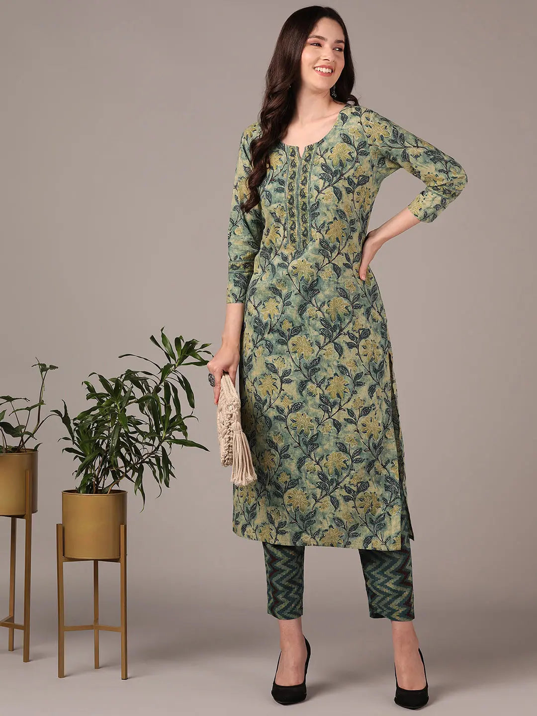 Ahika Women Green Cotton Blend Floral Printed Straight Kurta with Trouser Trousers sophisticated sleek