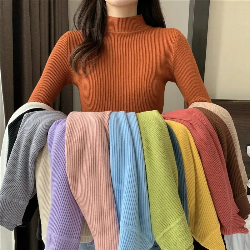 Sweater Top Women Ribbed Soft Mock Neck Elastic Pullover Warm Solid Color Slim Jumper Beaded Sweater Sequined Faux Fur