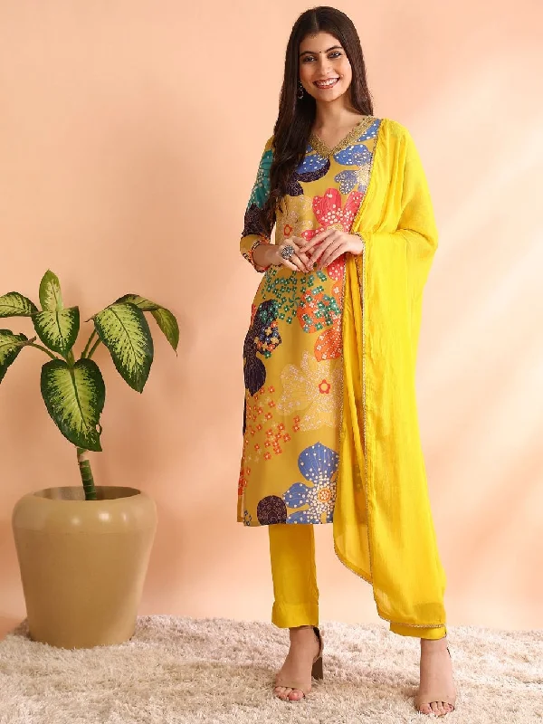 Yellow Cotton Blend Floral Printed Straight Kurta Trouser With Dupatta Trousers Recommended Stylist