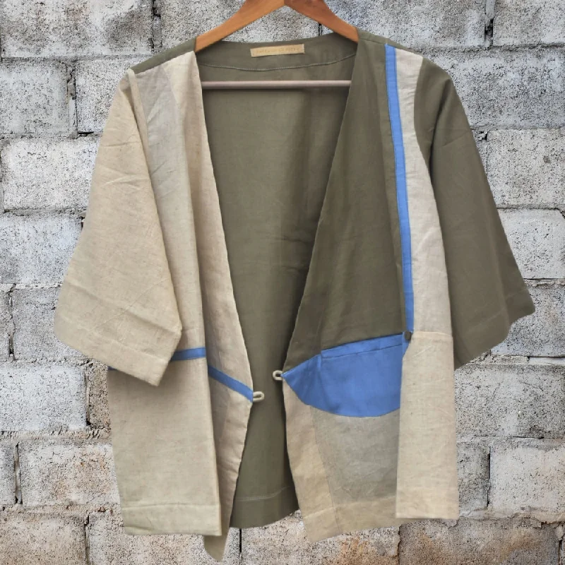 Contemporary Patchwork Wrap Jacket | Stylish | Casually Chic | Light Blue & Green Hooded Jacket Caped Jacket Shawl Collar Jacket