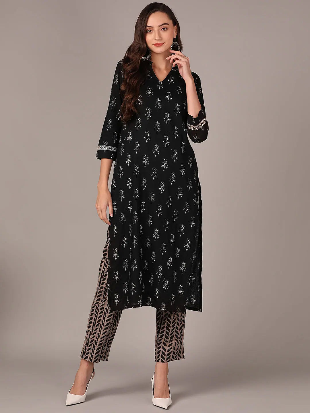 Ahika Women Black Cotton Blend Ethnic Motifs Printed Straight Kurta With Trouser-VKSET1394B_XS Trousers practical durable