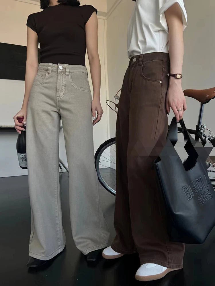 Advbridge Vintage Women High Waist Wide Leg Loose Casual Jeans Basic Y2K Fashion Pocket Zipper Denim Pants Coffee Khaki Trousers 2024 New Trousers Polka Dot Cute