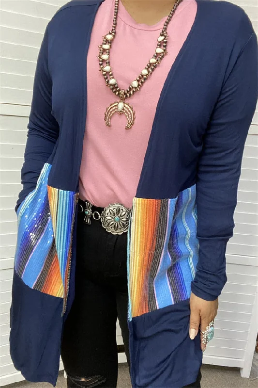 FW8050-2 Wholesale Navy blue/serape sequin color block long sleeve women cardigan w/pockets CS11 Open Front Closed Front Wrap Front FW8050-2 Wholesale Navy blue/serape sequin color block long sleeve women cardigan w/pockets CS11 Open Front Closed Front Wrap Front