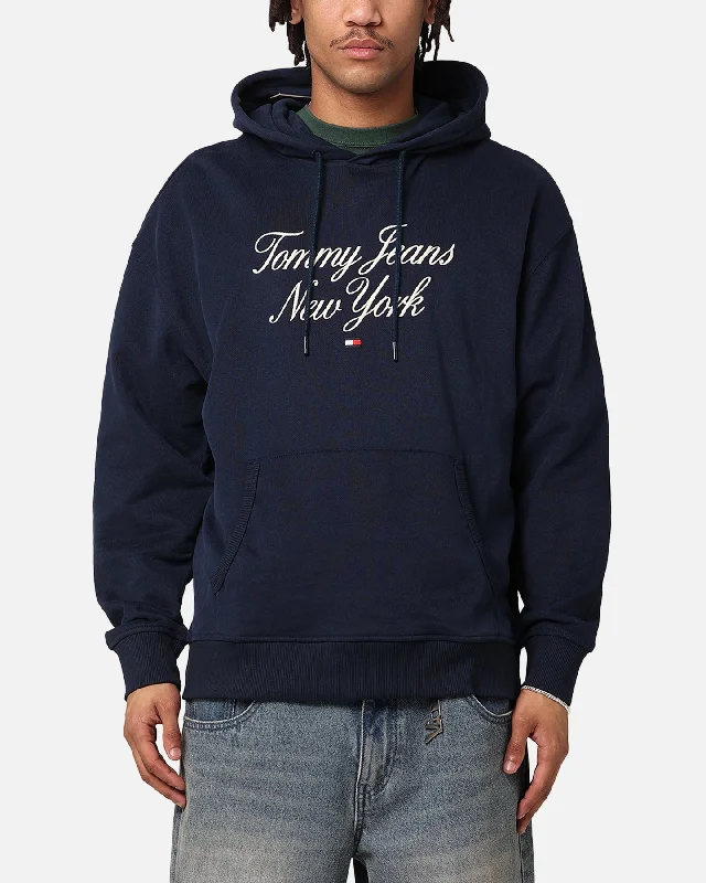 Tommy Jeans TJM Luxe Serif Relax Hoodie Dark Night Navy Hoodie with Applique Textured Unique