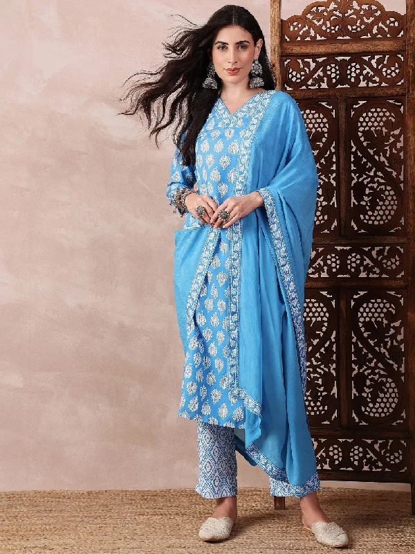 Blue Rayon Blend Floral Printed Straight Kurta Trouser With Dupatta Trousers Occasion Special