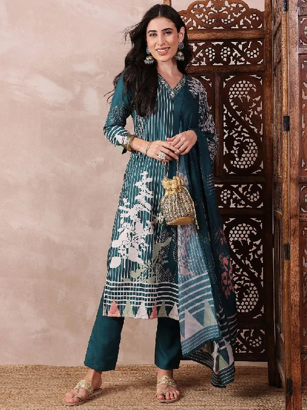 Teal Silk Blend Abstract Printed Straight Kurta Trouser With Dupatta Trousers Running Lightweight