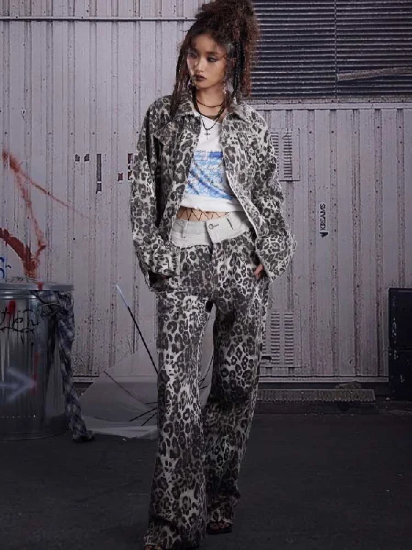 Leopard print jacket and pants【s0000010242】 Denim Fabric Leather Fabric Suede Fabric