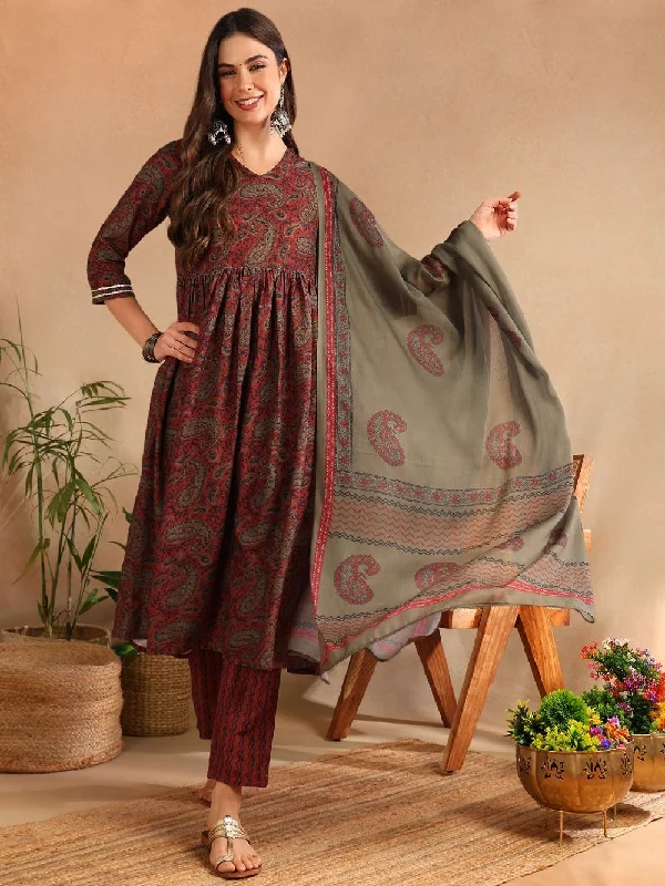 Red Rayon Blend Paisley Printed A-Line Kurta Trouser With Dupatta Trousers Prom Sequined