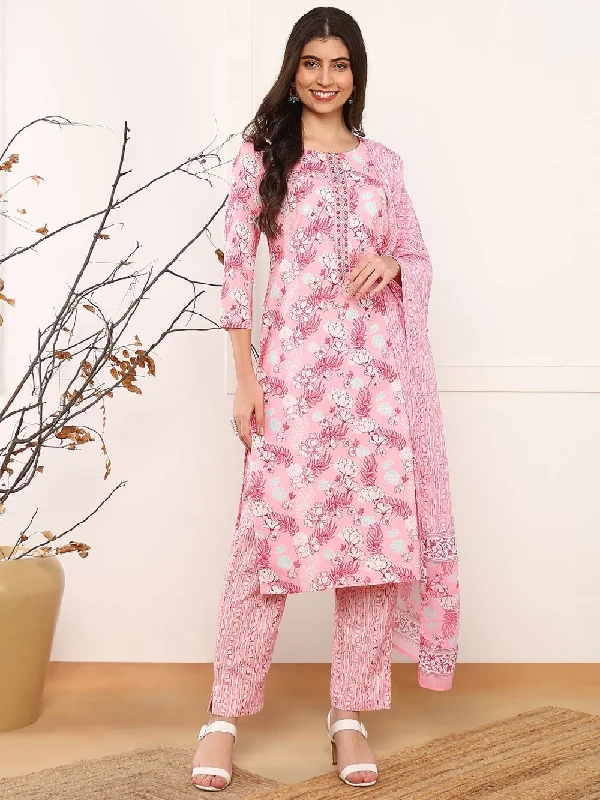 Pink Poly Rayon Floral Printed Straight Kurta Trouser With Dupatta Trousers Timeless Classic