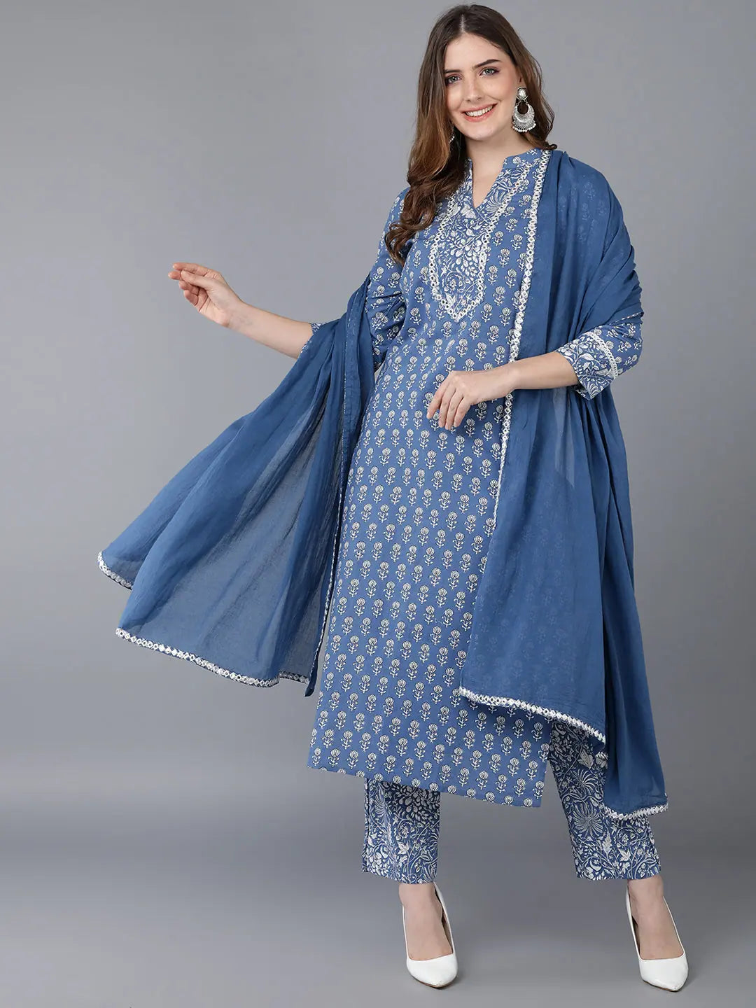 Ahika Women Blue Cotton Printed Kurta Trousers With Dupatta Trousers Brand Named