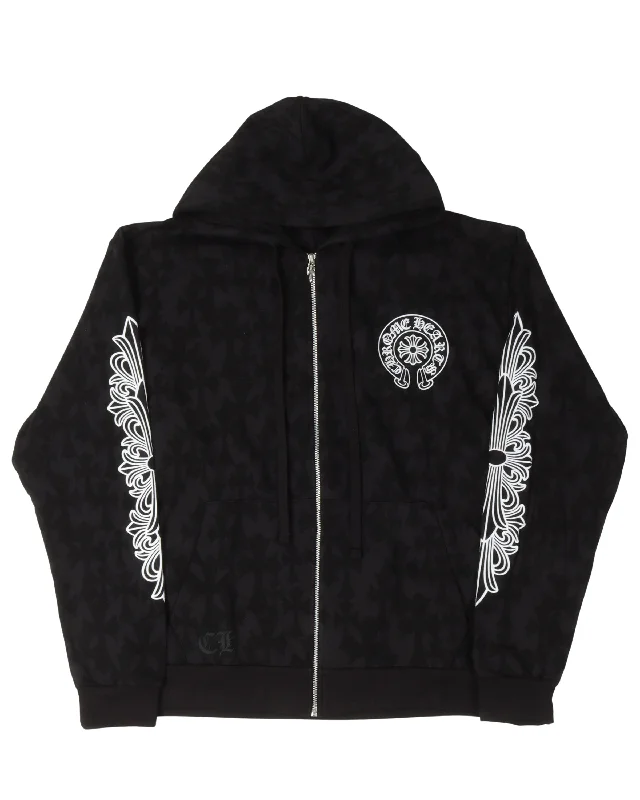 Cemetery Cross Horseshoe Logo Zip-Up Hoodie Hoodie with Frayed Bohemian Relaxed