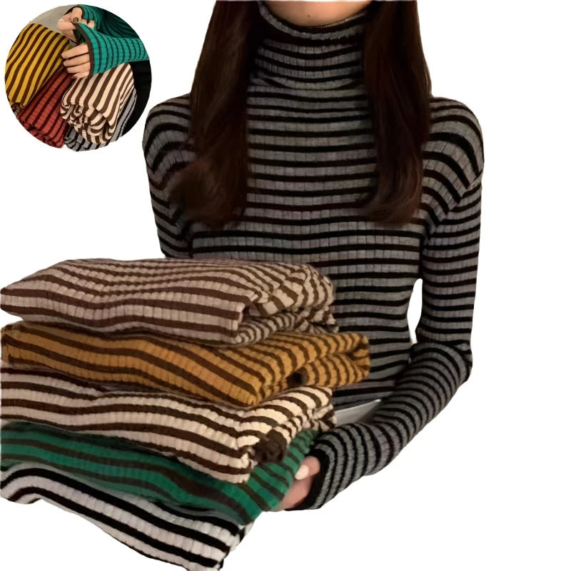 Women's Striped Turtleneck Sweater Autumn and Winter Knit Sweater Sweater Knitwear Pullover