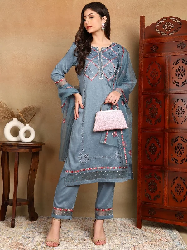 Blue Silk Blend Solid Embroidered Straight Kurta Trouser With Dupatta Trousers practical easy-care