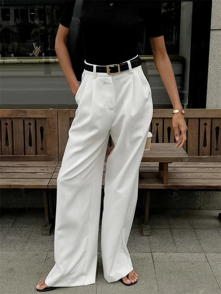 Advbridge High Waist Pocket Women's Pants Y2k Outfit White Patchwork Casual Wide Leg Trousers Autumn Loose Slim Female Pants Trousers Culottes Wide Leg