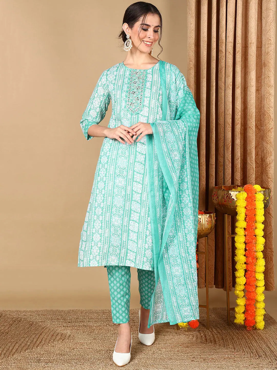 Ahika Women Turquoise Blue Pure Cotton Ethnic Motifs Printed Embroidered Kurta Trouser With Dupatta Trousers chic fashionable