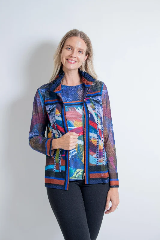 Blue Mixed Print Mesh Jacket & Tank Set Corduroy Jacket Velvet Jacket Brocade Jacket