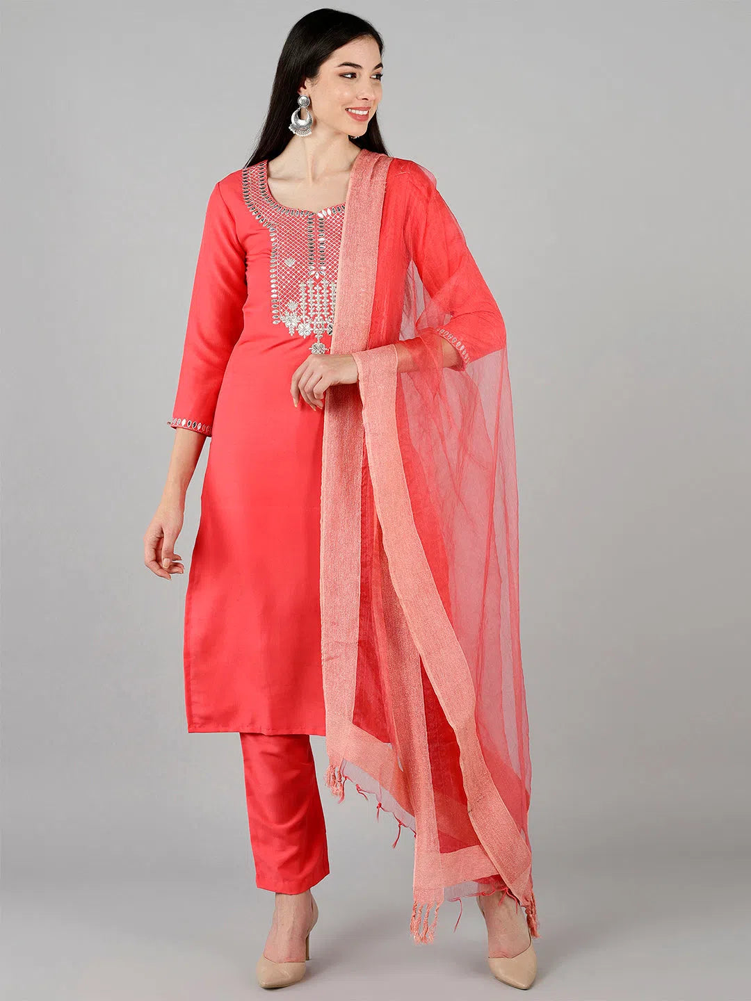 Ahika Women Peach Solid Embroidered Kurta Trousers With Dupatta 2 Trousers Business Professional