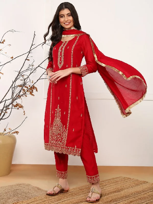 Red Silk Blend Solid Embroidered Straight Kurta Trouser With Dupatta Trousers chic fashionable