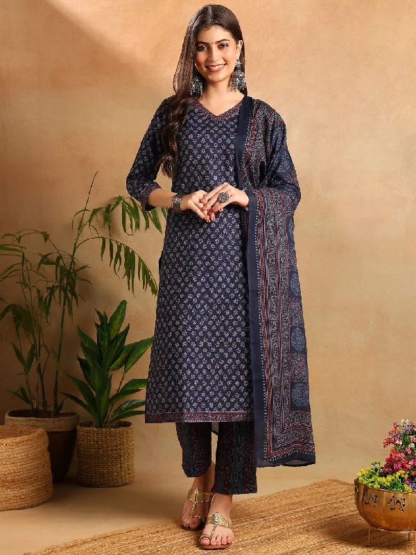 Navy Blue Poly Rayon Ajrakh Printed Straight Kurta Trousers With Dupatta Trousers Harem Relaxed Fit