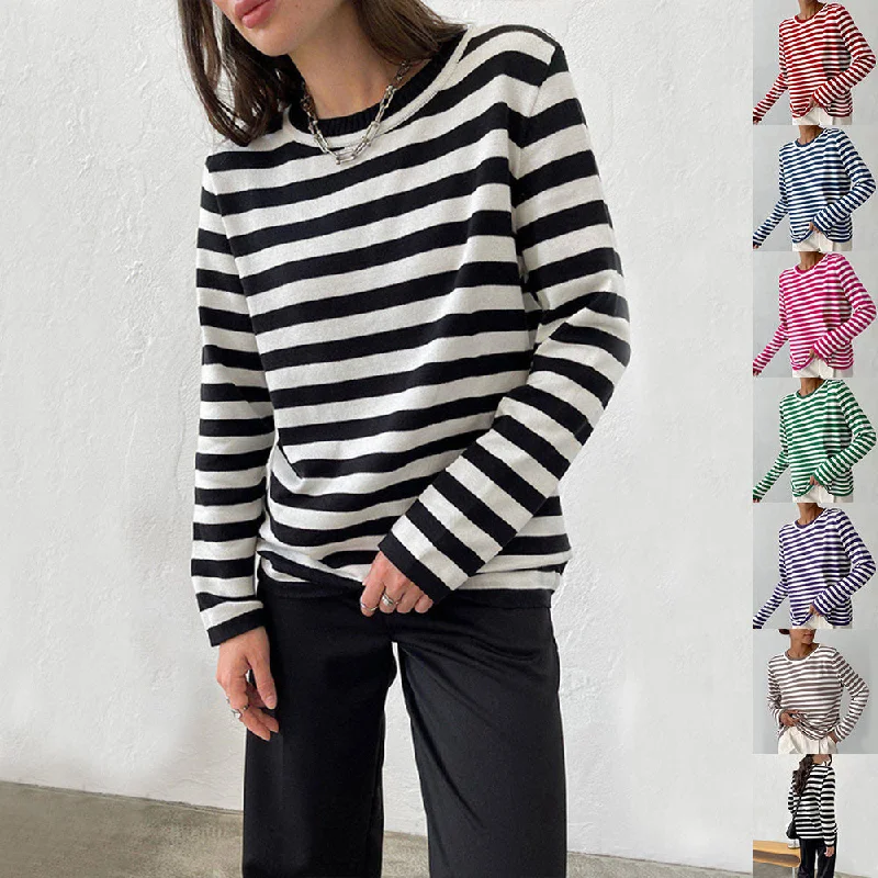 New Knitted Striped Long Sleeved Sweater Versatile Pullover Tops Womens Clothing Cowl Neck Pullover