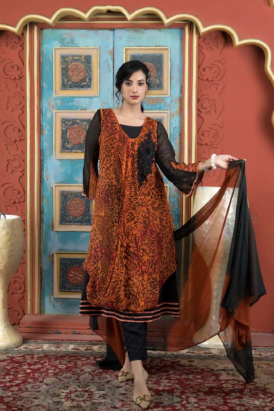 Orange Embroidered Georgette Stitched Trouser Kurta With Dupatta Trousers High Rise Slim Fit