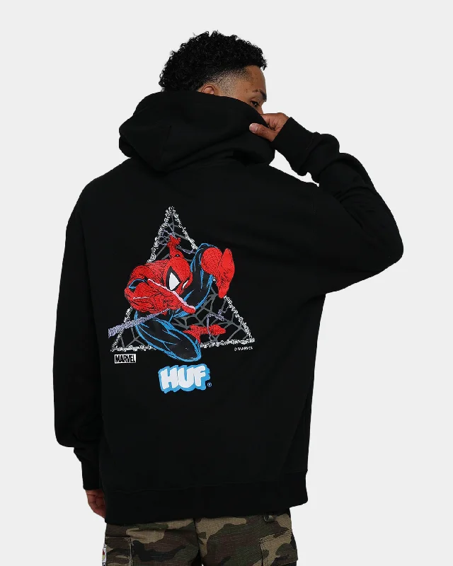 HUF X Marvel Thwip Triangle Pullover Hoodie Black Hoodie with Earth Tones Natural Calm