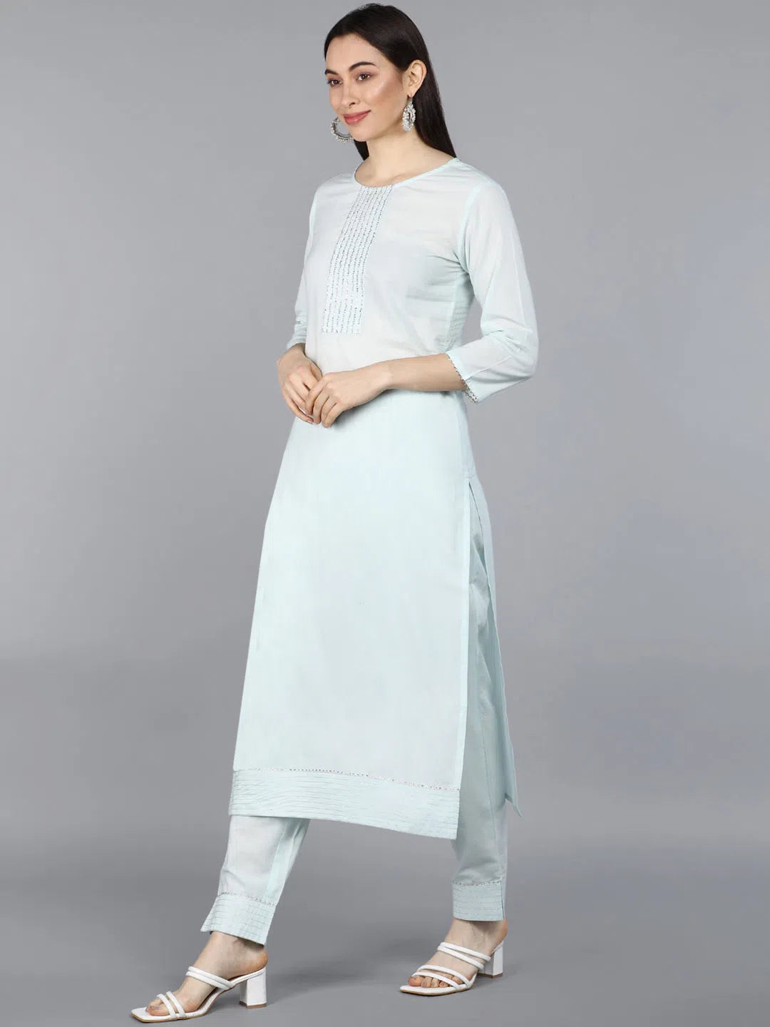 Ahika Women Blue Embroidered Sequinned Pure Cotton Kurta With Trousers With Dupatta Trousers Trousers Formal