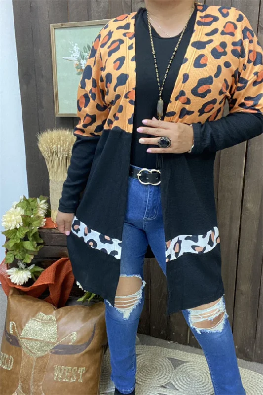 BQ15494 Leopard multi color printed long sleeve Solid block black color women cardigan Glossy Satin Silk BQ15494 Leopard multi color printed long sleeve Solid block black color women cardigan Glossy Satin Silk