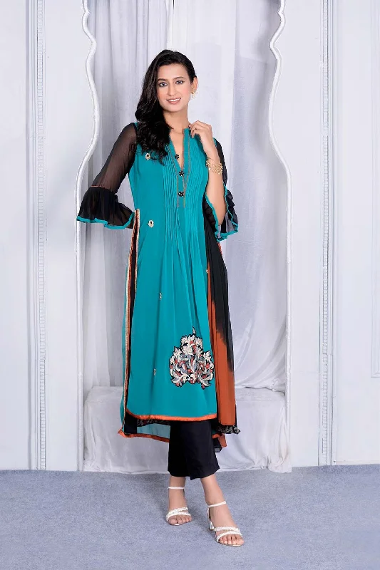 Blue Embroidered Georgette Stitched Straight Cut Trouser Kurta With Dupatta Trousers Pleated Formal