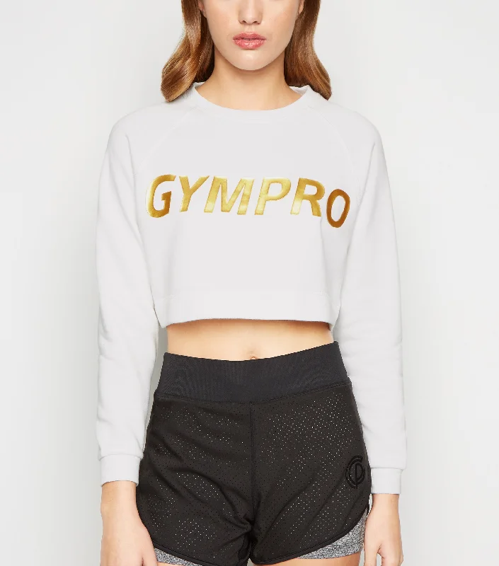 Womens - Logo Cropped Jumper/Sweatshirt - White & Gold Hoodie with Hem Applique Textured Unique