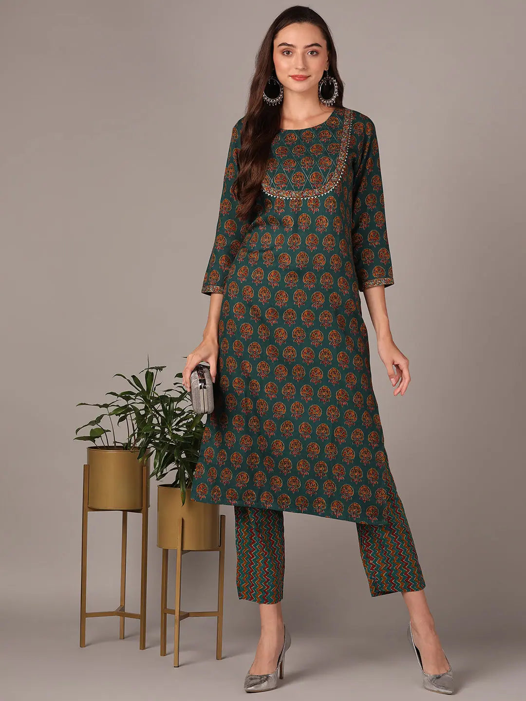 Ahika Women Green Cotton Blend Ethnic Motifs Printed Yoke Design Straight Kurta With Trouser Trousers cozy comfortable