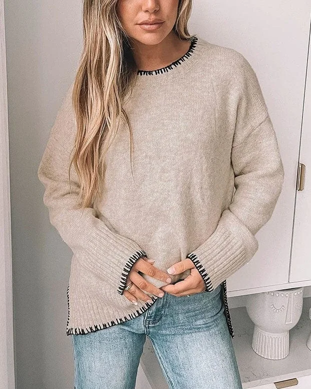 Rosa Clothing Crewneck Casual Slit Pullover Sweater in Khaki Short Sleeve Top