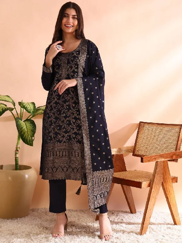 Navy Blue Chanderi Cotton Woven Design Straight Kurta Trousers With Dupatta Trousers Review Highly