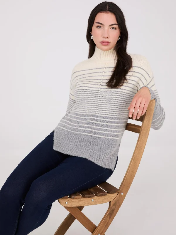 Striped Mock Neck High-Low Sweater Wool Sweater Cotton Sweater Cashmere Sweater