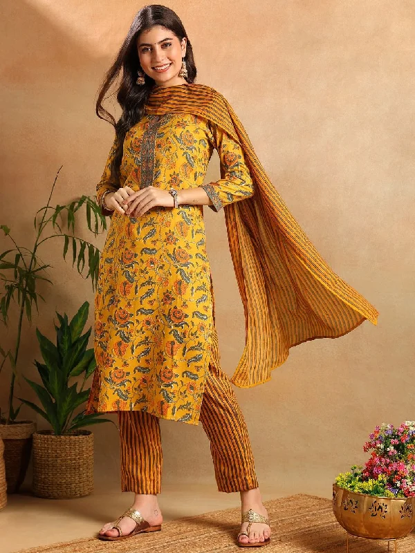 Yellow Rayon Blend Floral Printed Straight Kurta Trousers With Dupatta Trousers Floral Bohemian