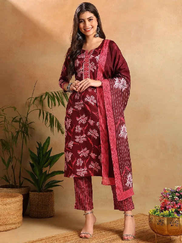 Maroon Rayon Blend Floral Printed Straight Kurta Trousers With Dupatta Trousers Velvet Soft