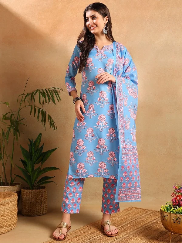 Blue Rayon Blend Floral Printed Straight Kurta Trousers With Dupatta Trousers Leather Faux