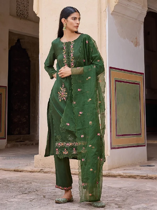 Green Silk Blend Solid Embroidered Straight Kurta Trouser With Dupatta Trousers Silk Elegant