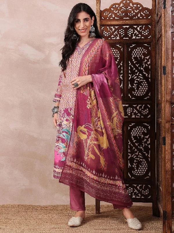 Multi Silk Blend Floral Printed Straight Kurta Trouser With Dupatta Trousers Gym Athletic