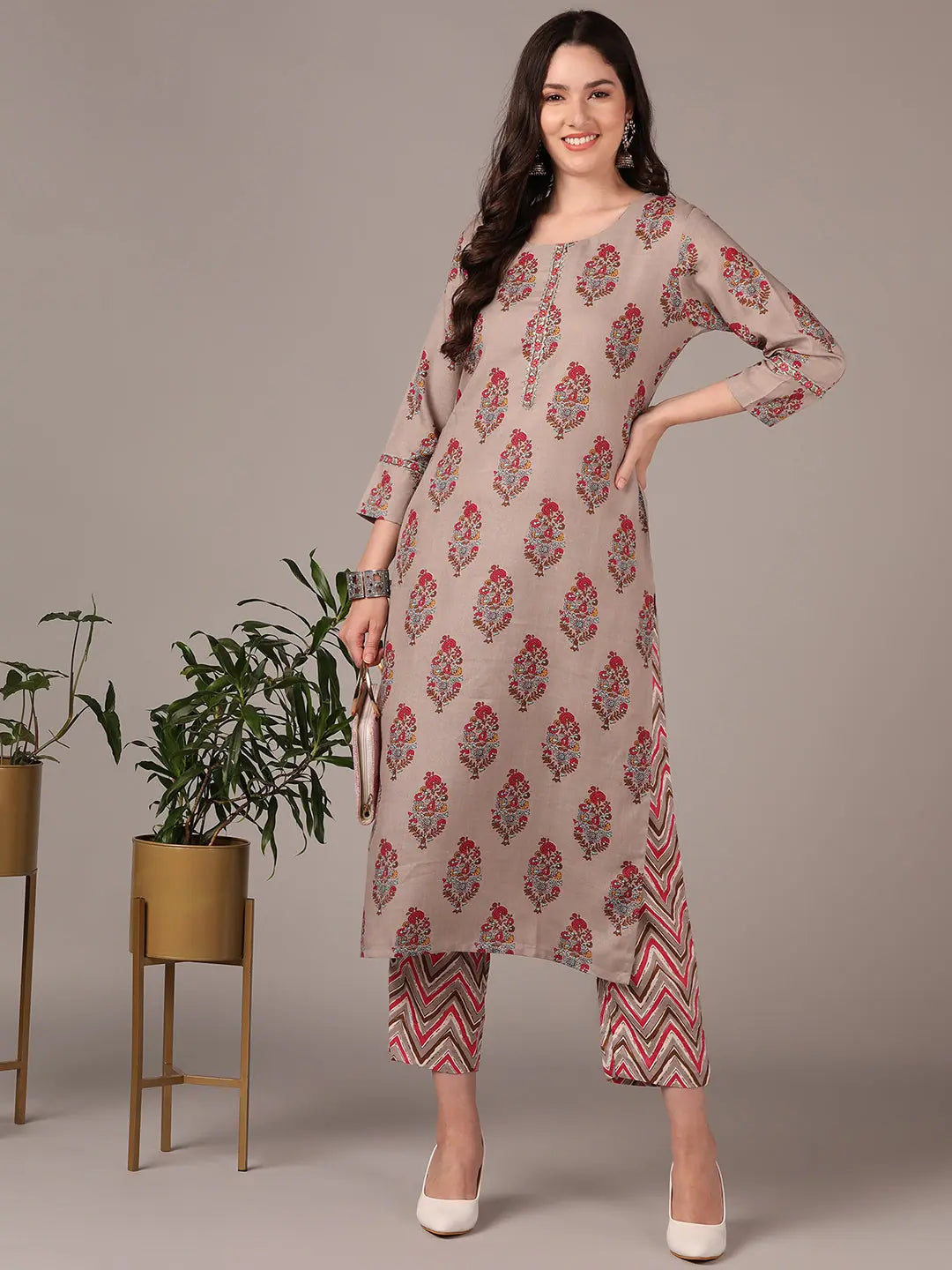 Ahika Women Grey Cotton Blend Ethnic Motifs Printed Gotta Patti Straight Kurta with Trouser Trousers practical easy-care