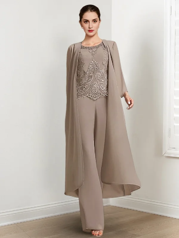 Chiffon Round Neck Floor-Length Mother Of The Bride Pantsuits With Jacket & Applique Welt Pockets Slit Pockets Flap Pockets