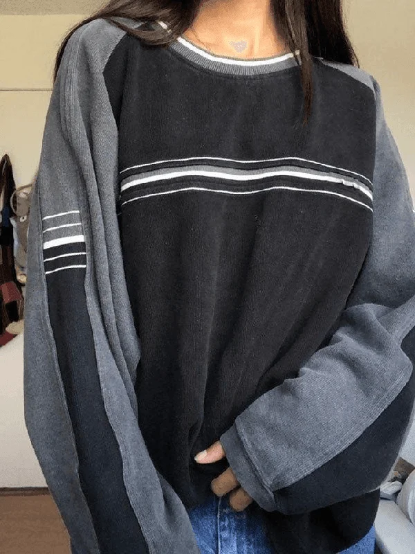 Patchwork Striped Crew Sweatshirt Hoodie with Mock Neck Collared Structured