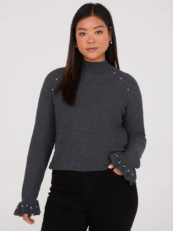 Mock Neck Sweater With Pearl Details Embroidered Appliqued Beaded