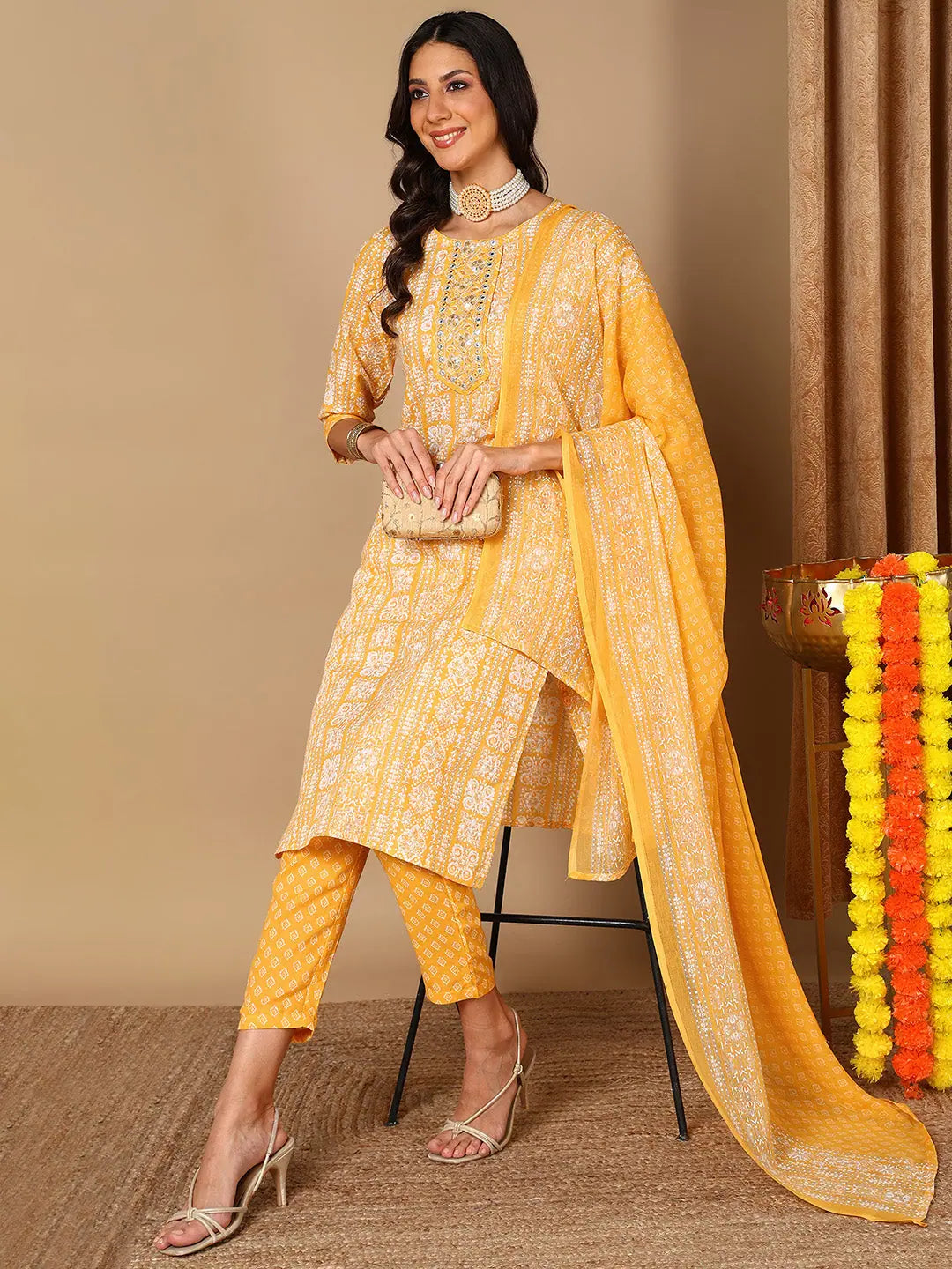 Ahika Women Yellow Pure Cotton Ethnic Motifs Printed Embroidered Kurta Trouser With Dupatta Trousers stylish elegant