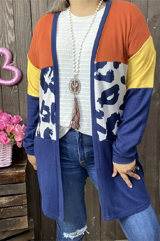 YMY15482 Navy/yellow/brown block w/leopard printed with side pockets women cardigan Cable Knit Ribbed Knit Lace Knit YMY15482 Navy/yellow/brown block w/leopard printed with side pockets women cardigan Cable Knit Ribbed Knit Lace Knit