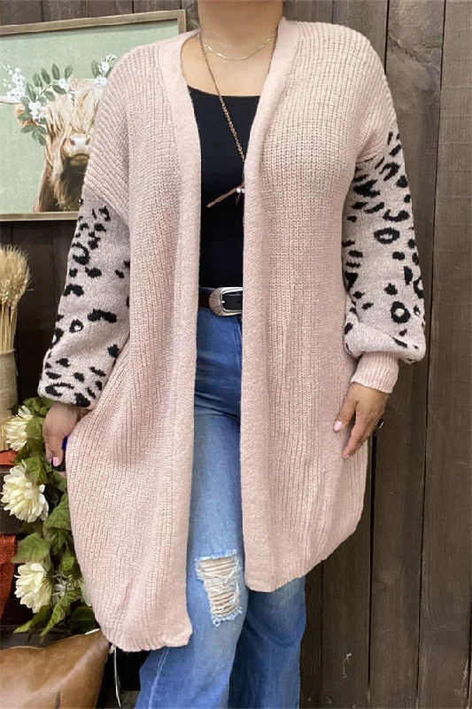 MY15300 Light pink knitted long sleeve/tighten cuff leopard printed wholesale women Sweater/cardigan Satin Blend Silk Blend Wool Blend MY15300 Light pink knitted long sleeve/tighten cuff leopard printed wholesale women Sweater/cardigan Satin Blend Silk Blend Wool Blend